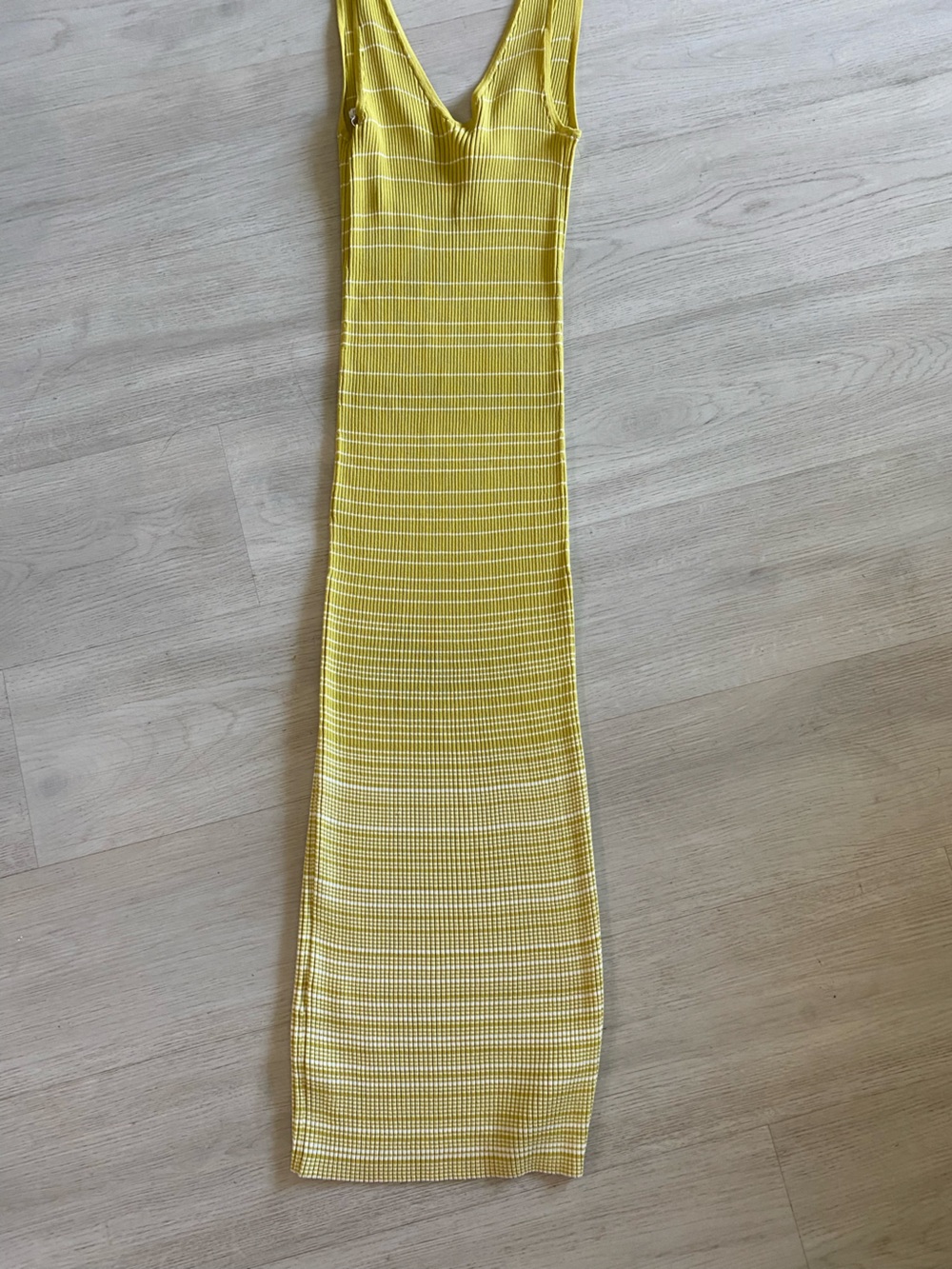 Designer Staud Yellow white striped soft knit body hugging maxi dress